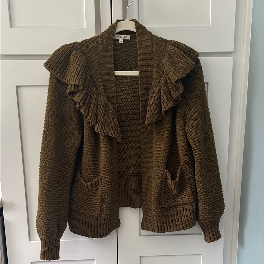 Madewell Ruffled Cardigan in Military Green